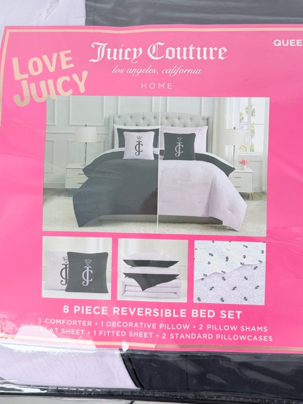 Juicy Couture Queen Reversible Bedding Set 8 Piece Comforter Sheet Set Glam - Picture 9 of 9